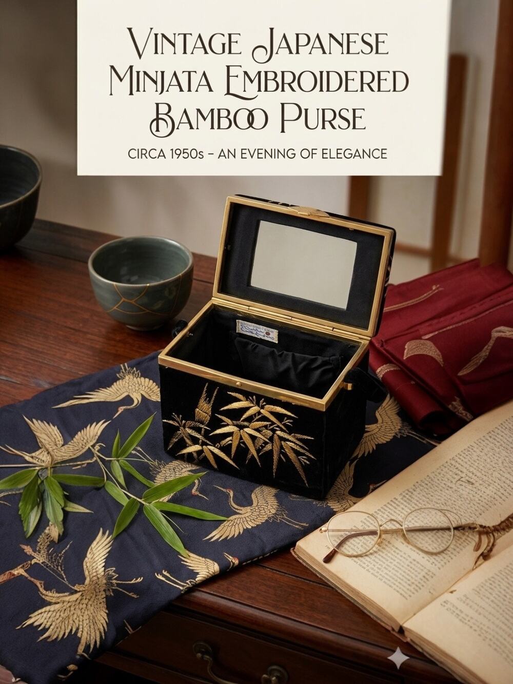 Vintage Japanese Embroidered Bamboo Velvet Box Purse